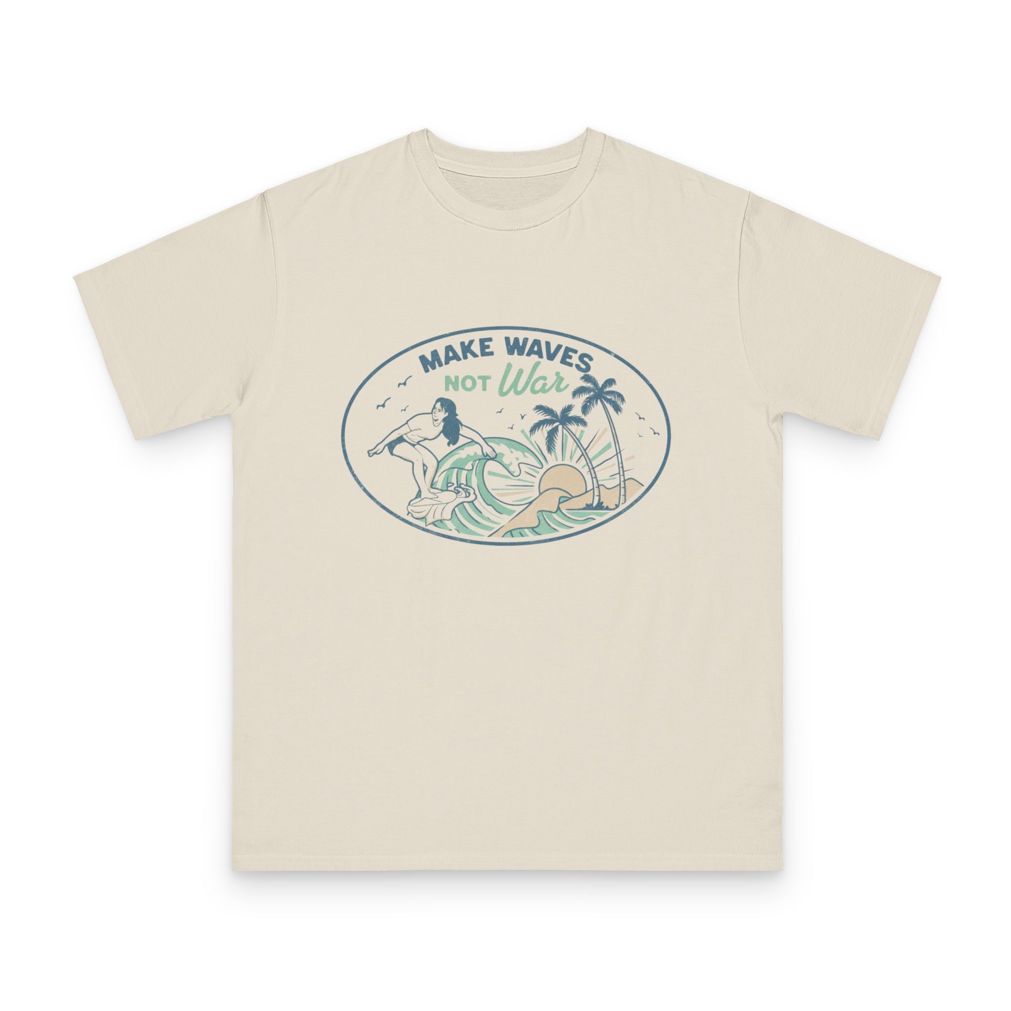 Make Waves Not War Organic Cotton T-Shirt — Retro Surf Peace Graphic Tee