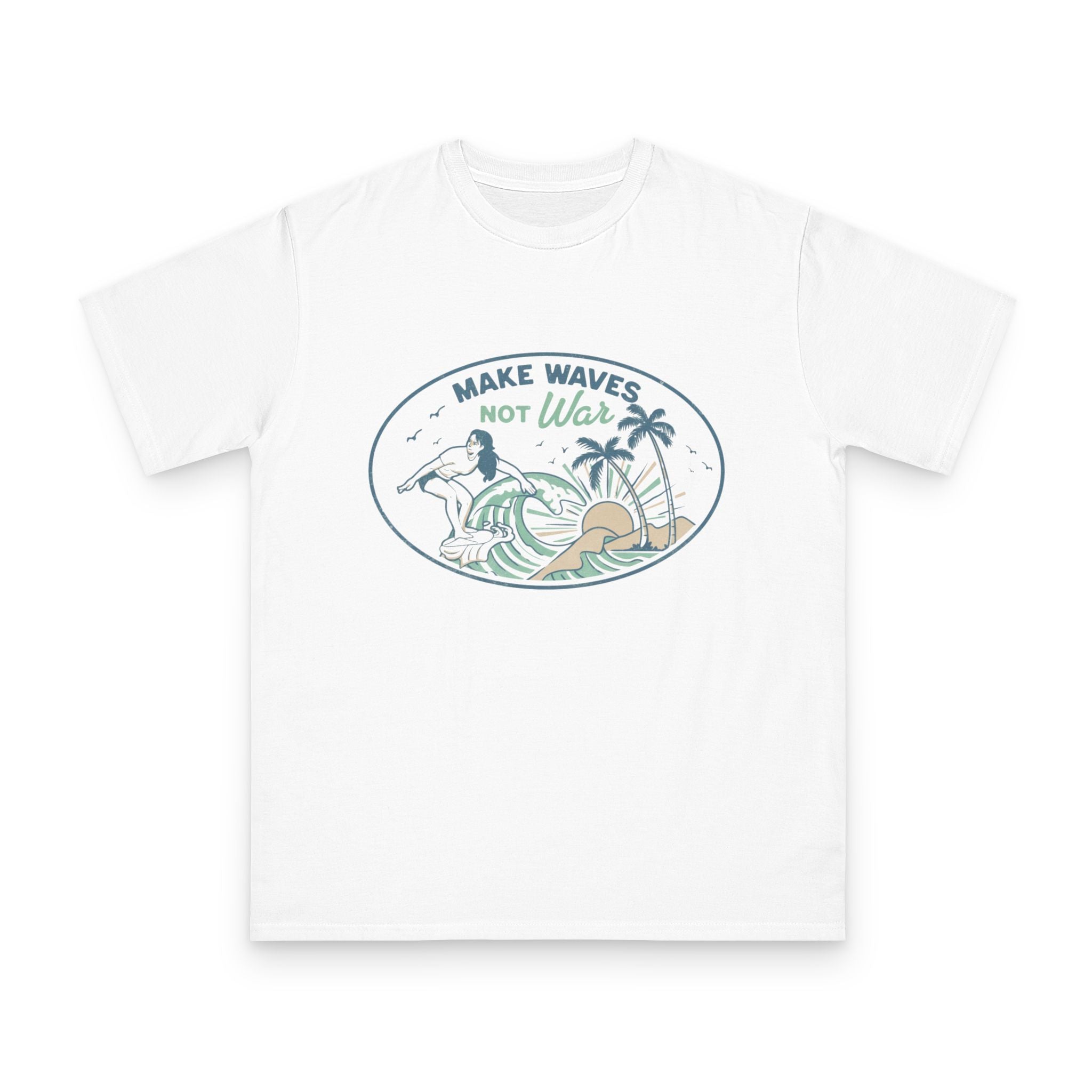 Make Waves Not War Organic Cotton T-Shirt — Retro Surf Peace Graphic Tee
