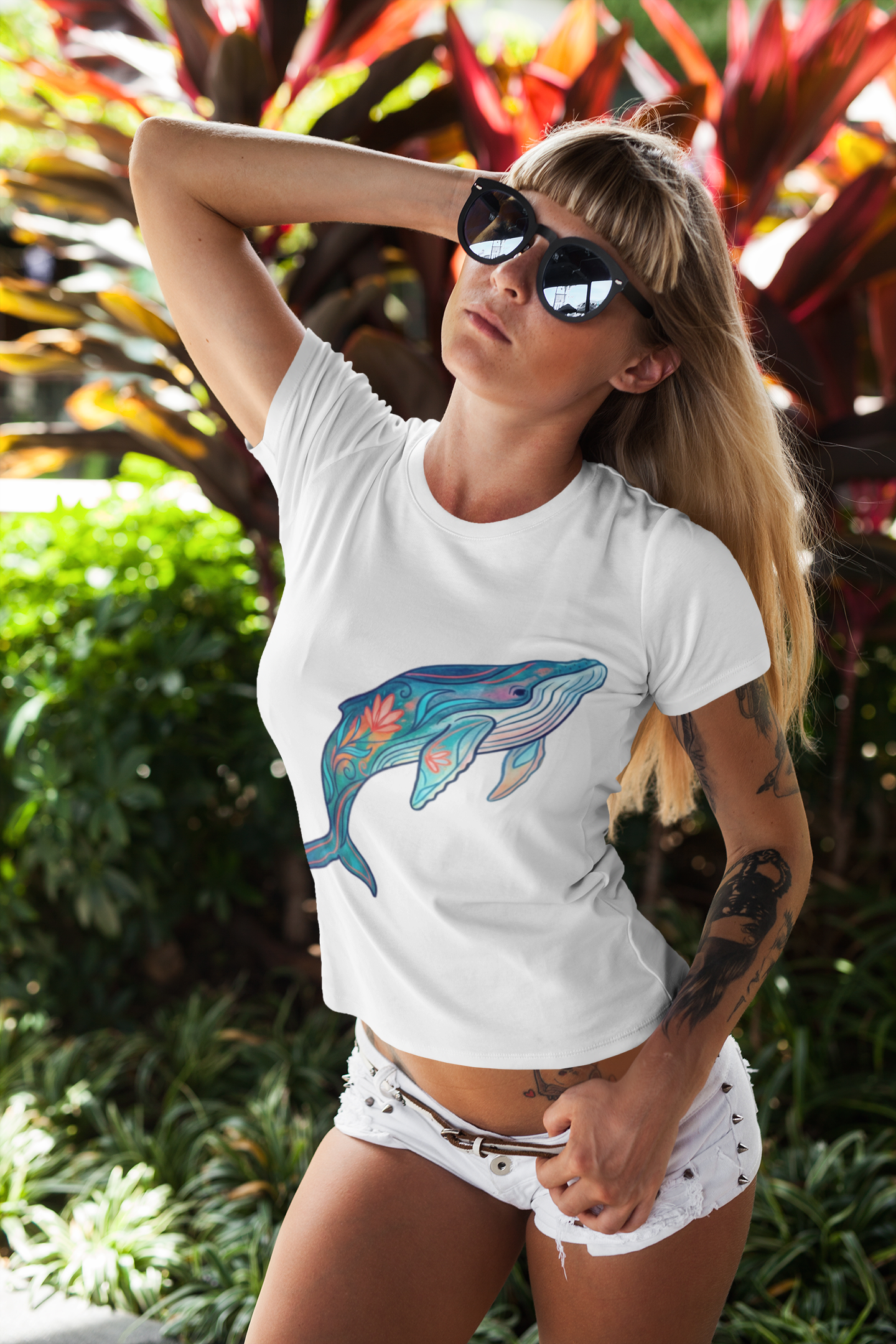 Whale Floral Baby Tee — Colorful Ocean Whale Crop Top