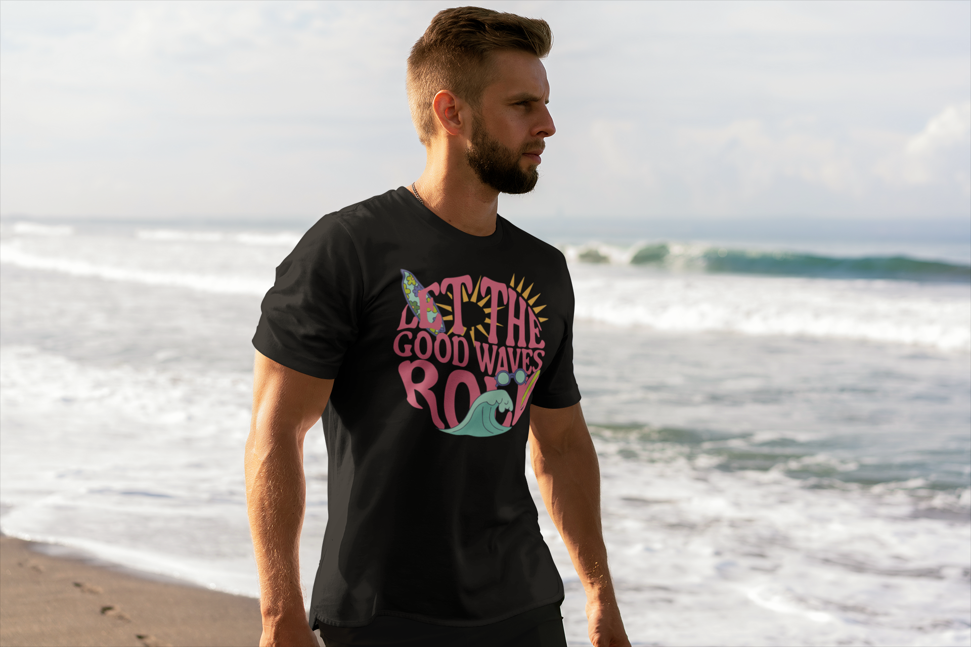 Retro Surf Postcard Tee — "Sunlit Shore" Organic Cotton T-Shirt