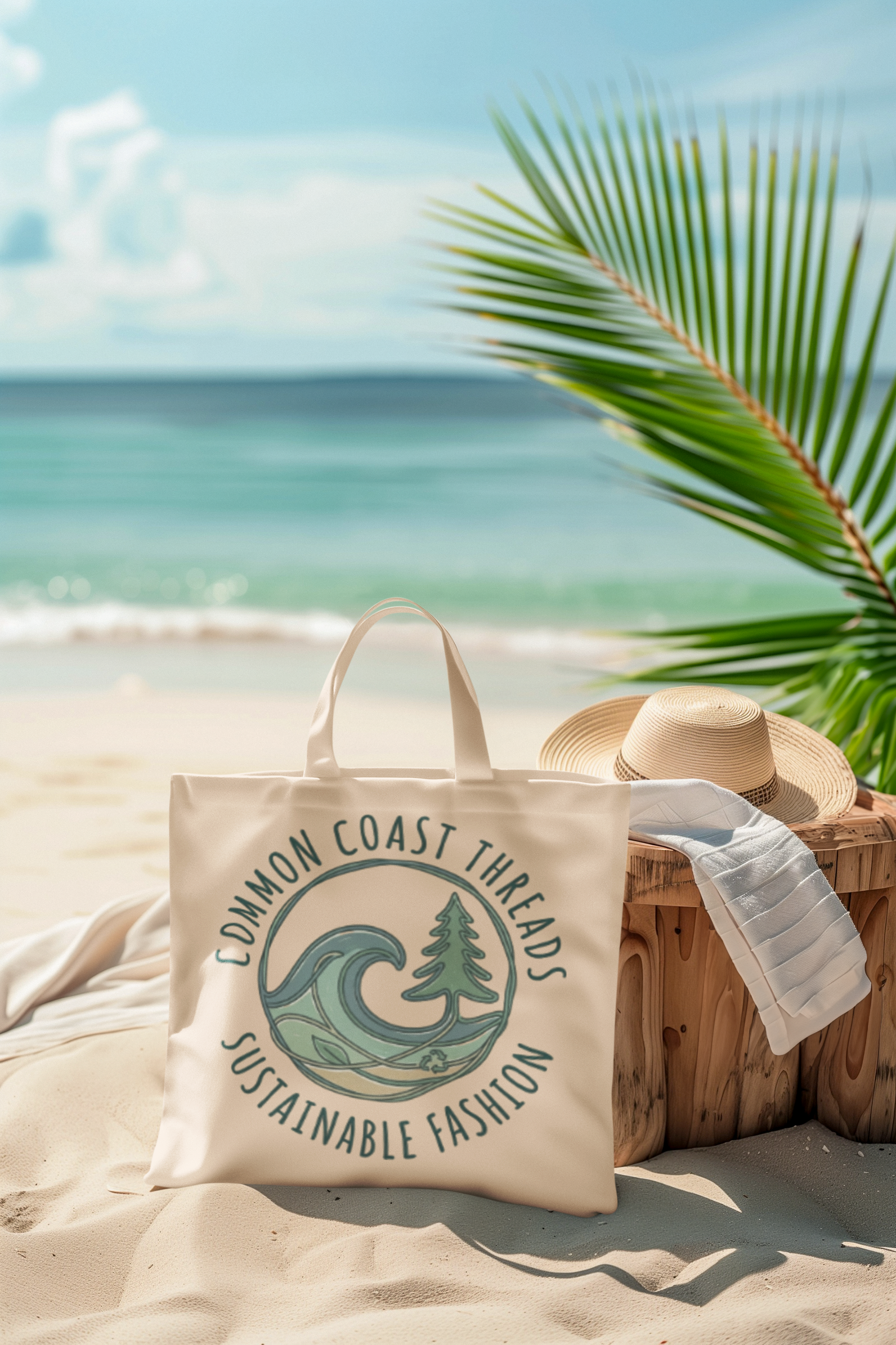 Eco Tote Bag — "Common Coast Threads: Sustainable Fashion" Beach Wave Logo