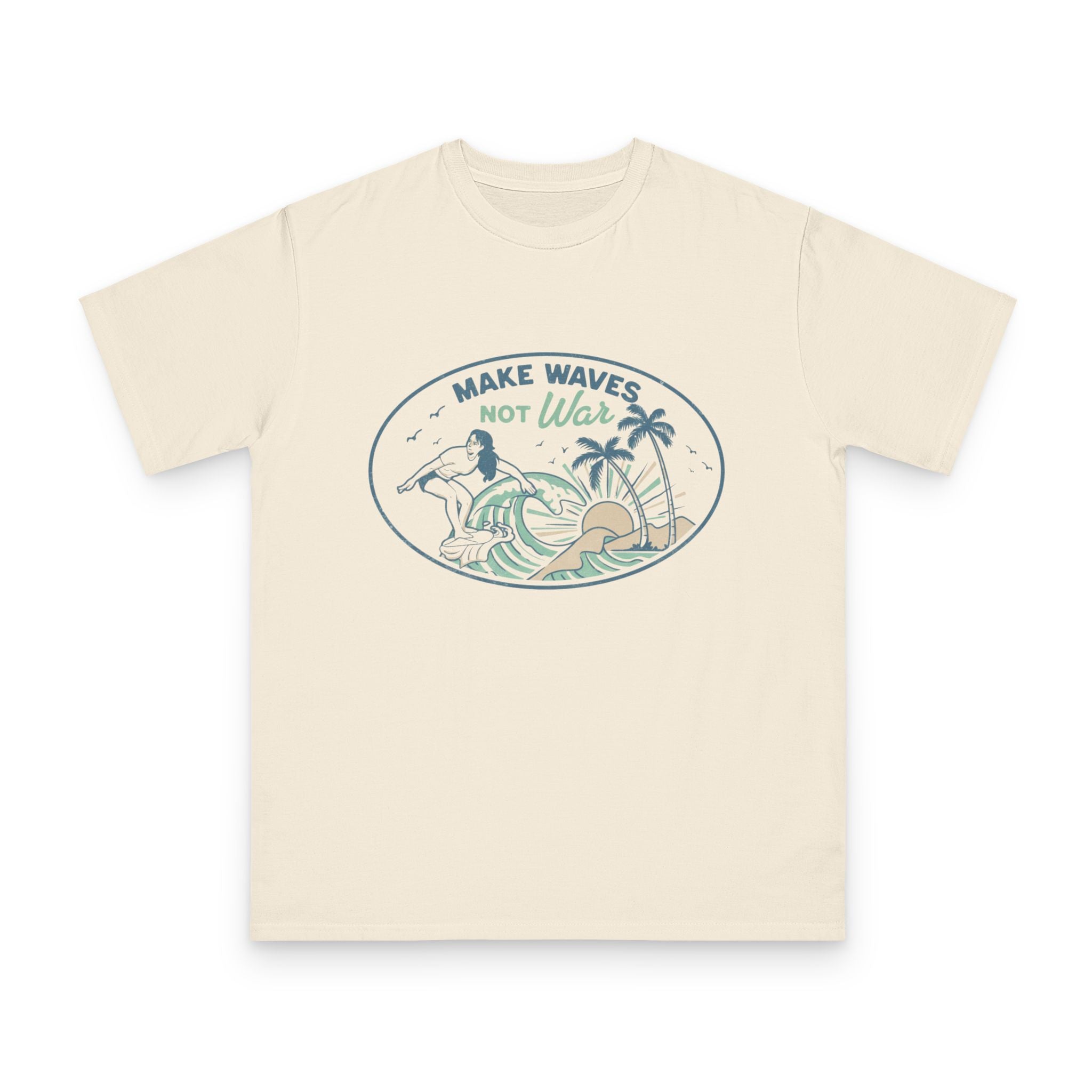 Make Waves Not War Organic Cotton T-Shirt — Retro Surf Peace Graphic Tee