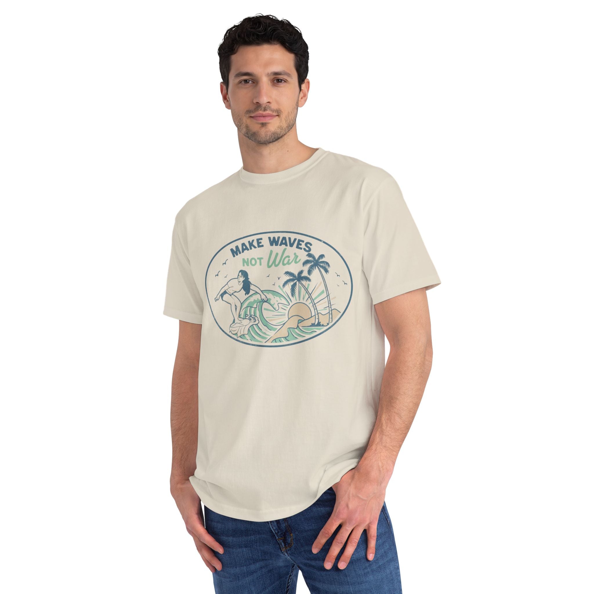 Make Waves Not War Organic Cotton T-Shirt — Retro Surf Peace Graphic Tee
